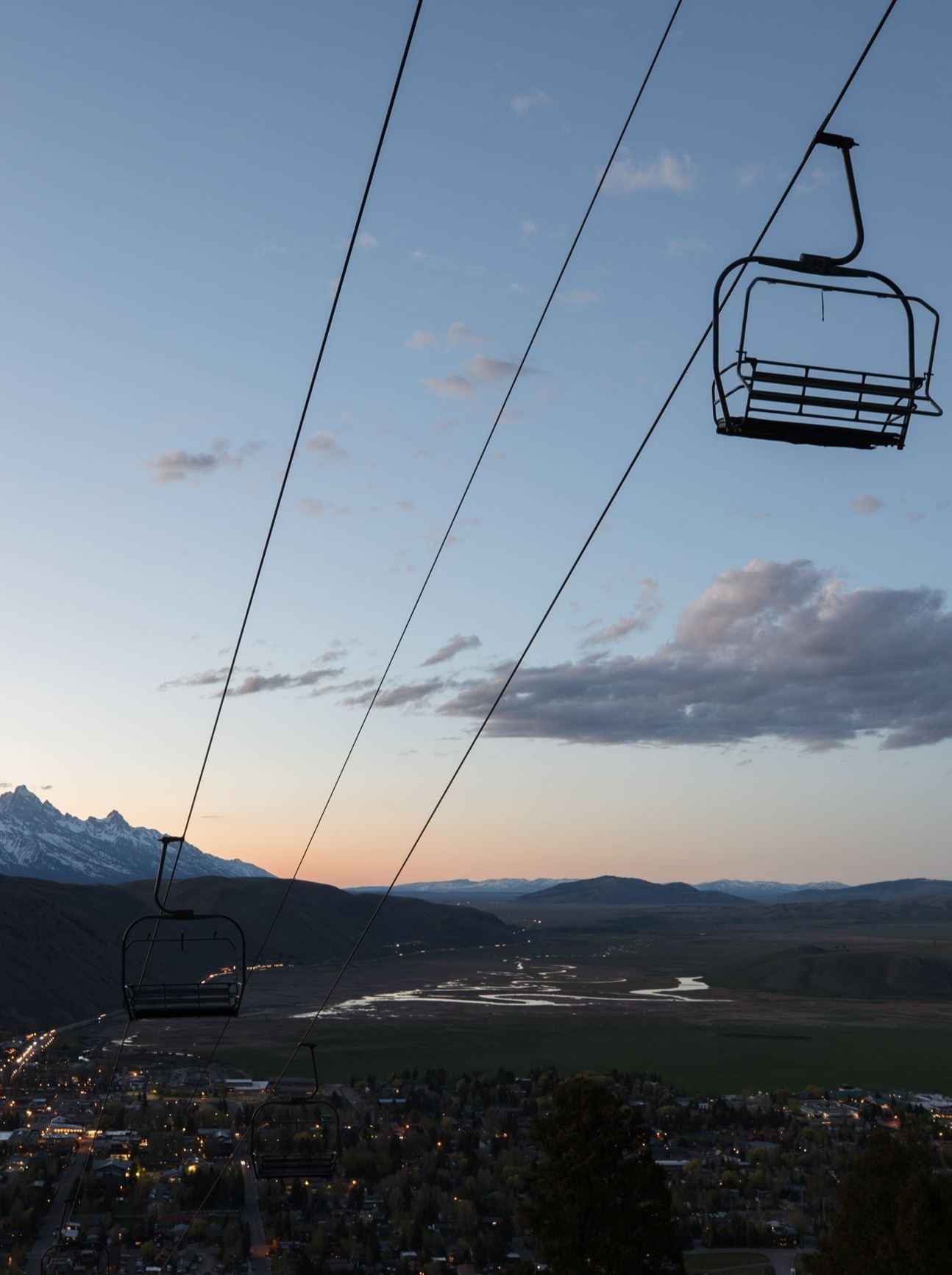 Snow King chairlift sunset with tetons