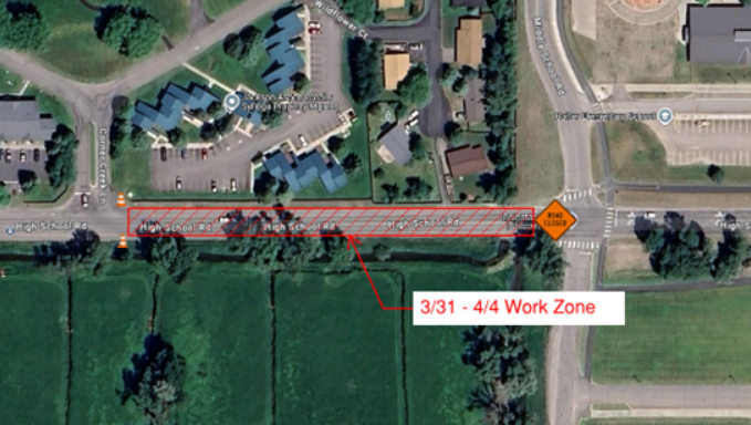 Map of High School Road Closure 3/24-3/28